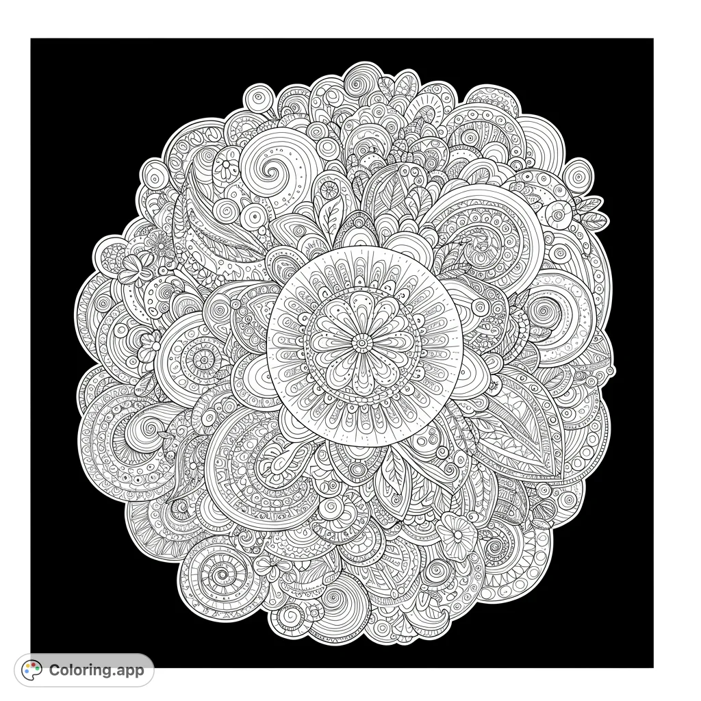An intricate mandala coloring page featuring a central floral design surrounded by complex swirls, leaves, and abstract patterns, perfect for mindful coloring.