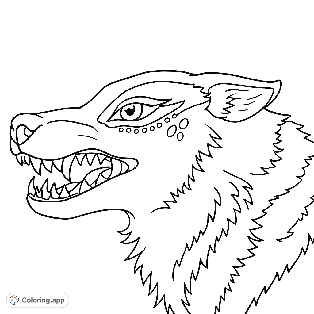 A powerful snarling wolf head with intricate eye details and sharp teeth, perfect for a free printable wolf coloring page for kids and adults.