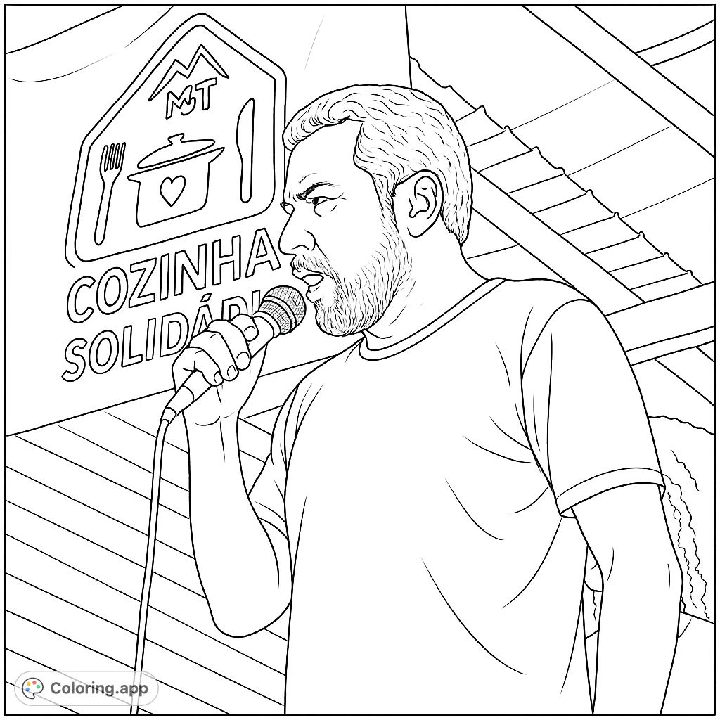 Capture the energy of a passionate speaker or singer holding a microphone. This dynamic black and white line art offers a compelling portrait for creative coloring.