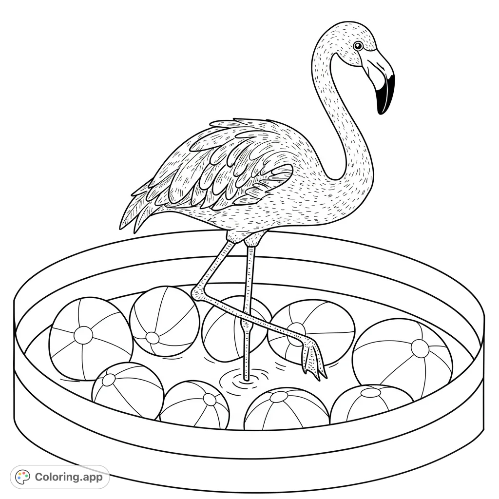 A charming flamingo wades in a pool with playful beach balls, a delightful free printable flamingo coloring page for tropical fun.
