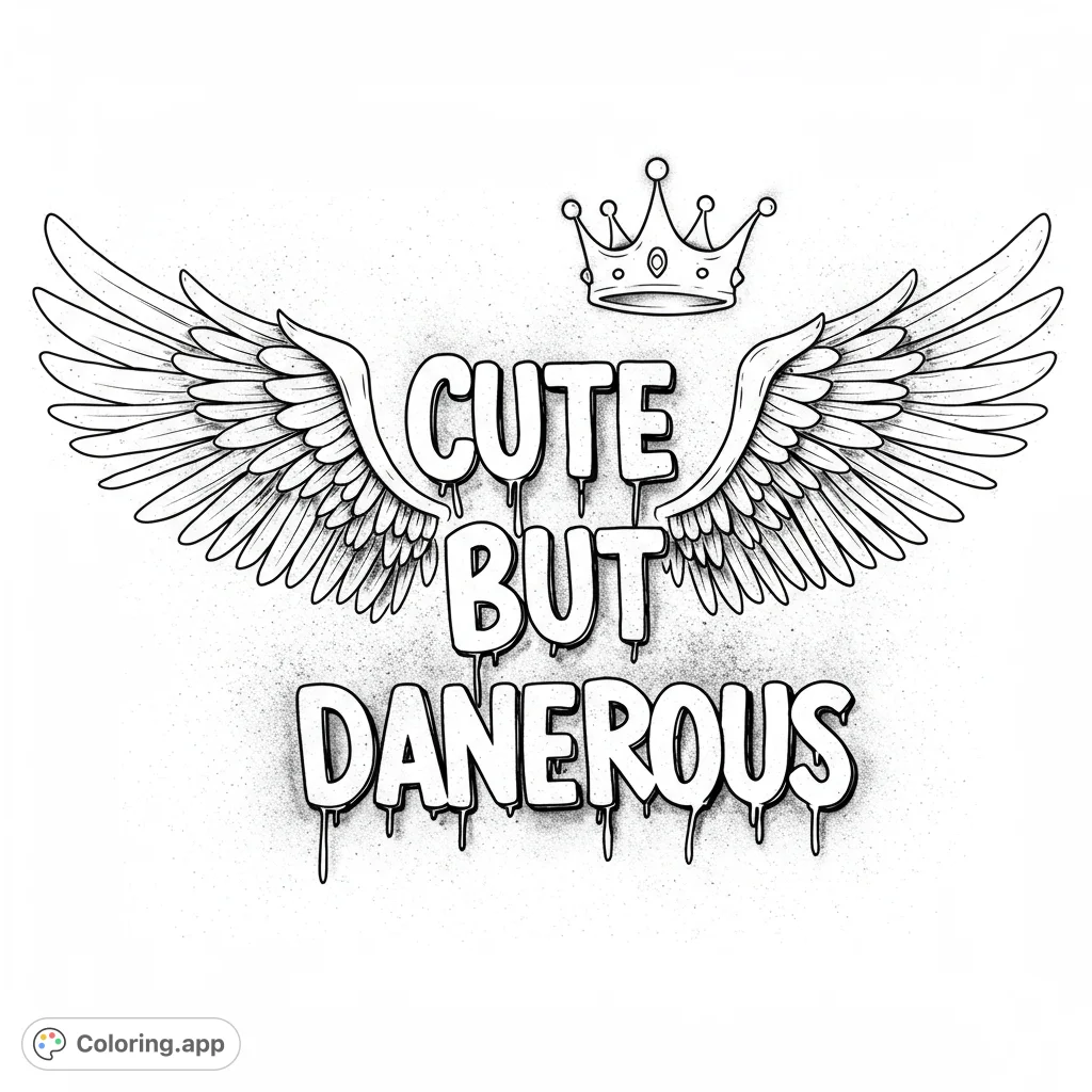A bold, urban-style coloring page featuring majestic wings, a regal crown, and unique dripping letter designs, perfect for expressive coloring.