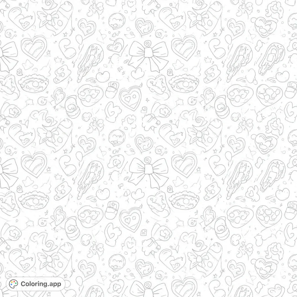 A delightful sweet treats coloring page featuring a seamless pattern of hearts, bows, cupcakes, and candies, perfect for a fun and charming coloring experience.