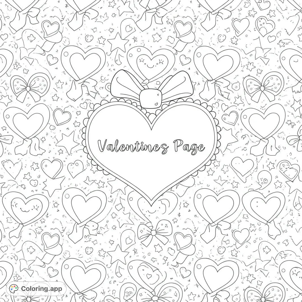 A delightful Valentine's Day coloring page featuring a large central heart with a bow, surrounded by a charming pattern of smaller hearts, stars, and bows.