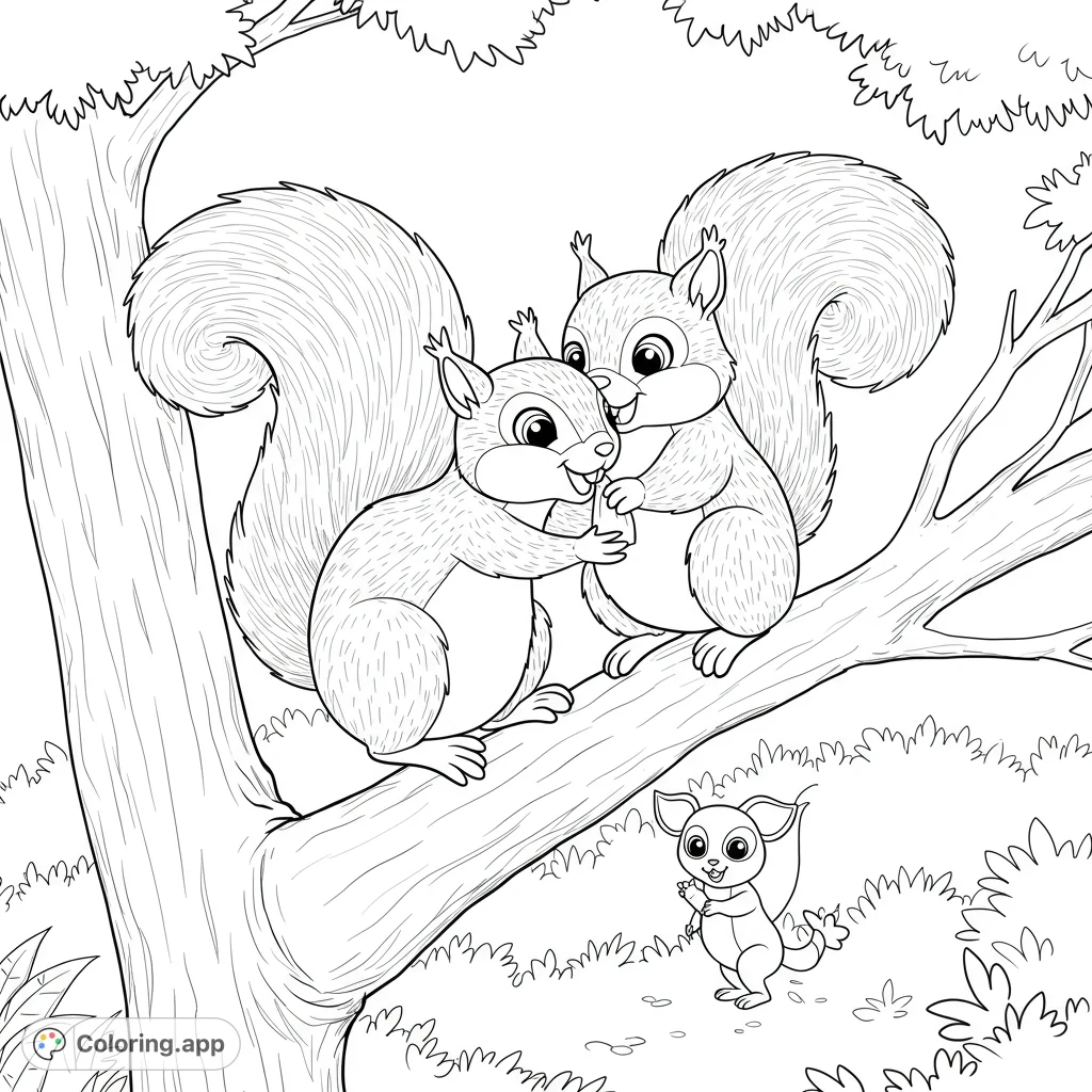 Adorable squirrels share a nut on a tree branch, watched by a tiny friend below. A charming forest animal coloring page for all ages.