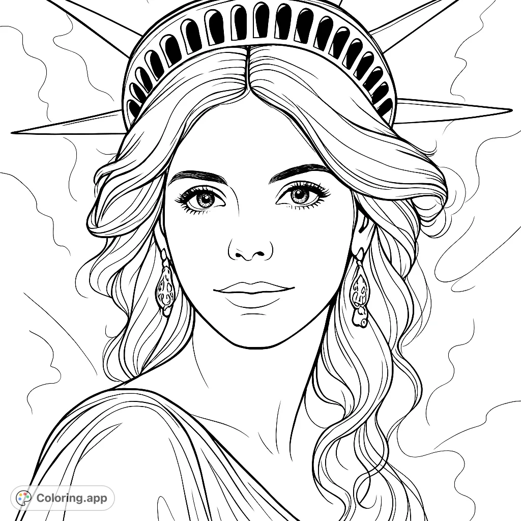 A striking Lady Liberty portrait coloring page, featuring a beautiful woman with a spiked crown and flowing hair, perfect for patriotic themes.