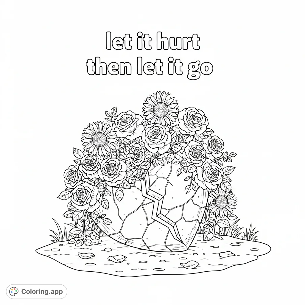 A deeply symbolic broken heart coloring page, nestled among roses and sunflowers, with an uplifting message. Perfect for reflection and emotional expression.