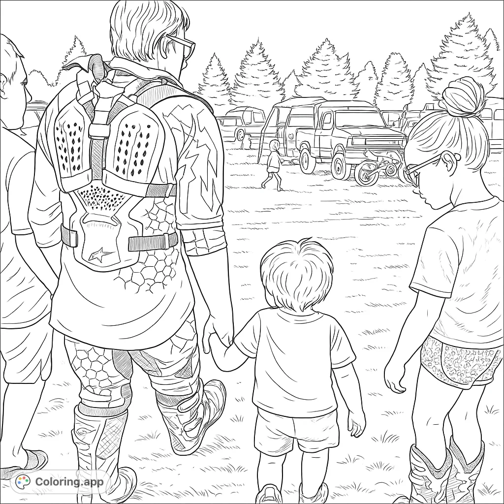 A family enjoys a motocross event, featuring detailed gear, vehicles, and a natural outdoor setting. Perfect for sports enthusiasts.