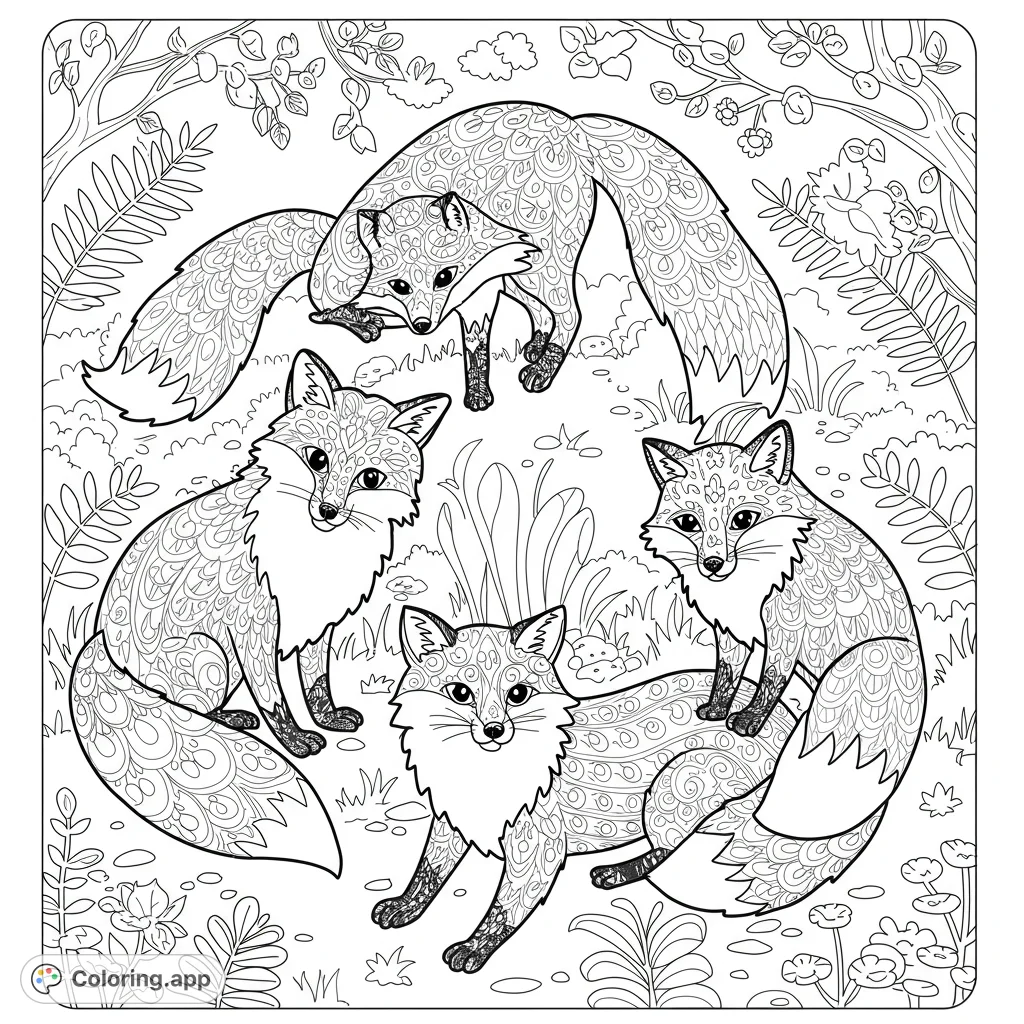 Discover four intricately patterned mandala foxes in a serene woodland setting. A detailed free printable coloring page for nature and pattern lovers.