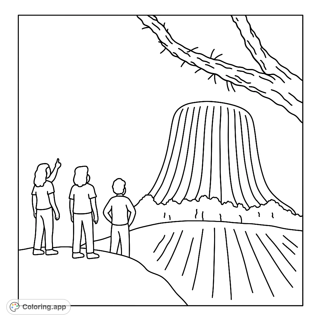 Explore the iconic Devils Tower with three observers in this free printable Devils Tower coloring page. Perfect for nature and travel enthusiasts.