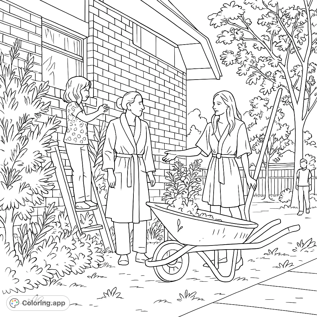 A heartwarming family gardening scene with three people tending to plants and a wheelbarrow, perfect for a relaxing outdoor activity.