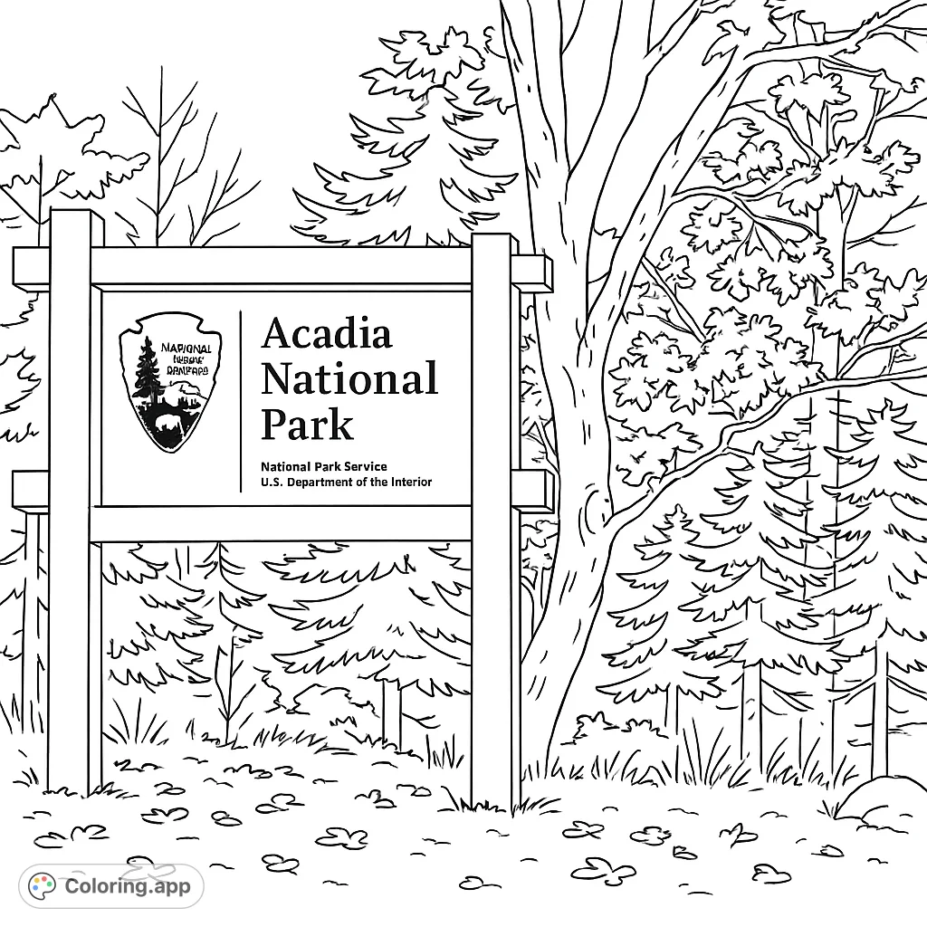 A detailed line drawing of an Acadia National Park entrance sign surrounded by a dense forest, perfect for nature and park enthusiasts.