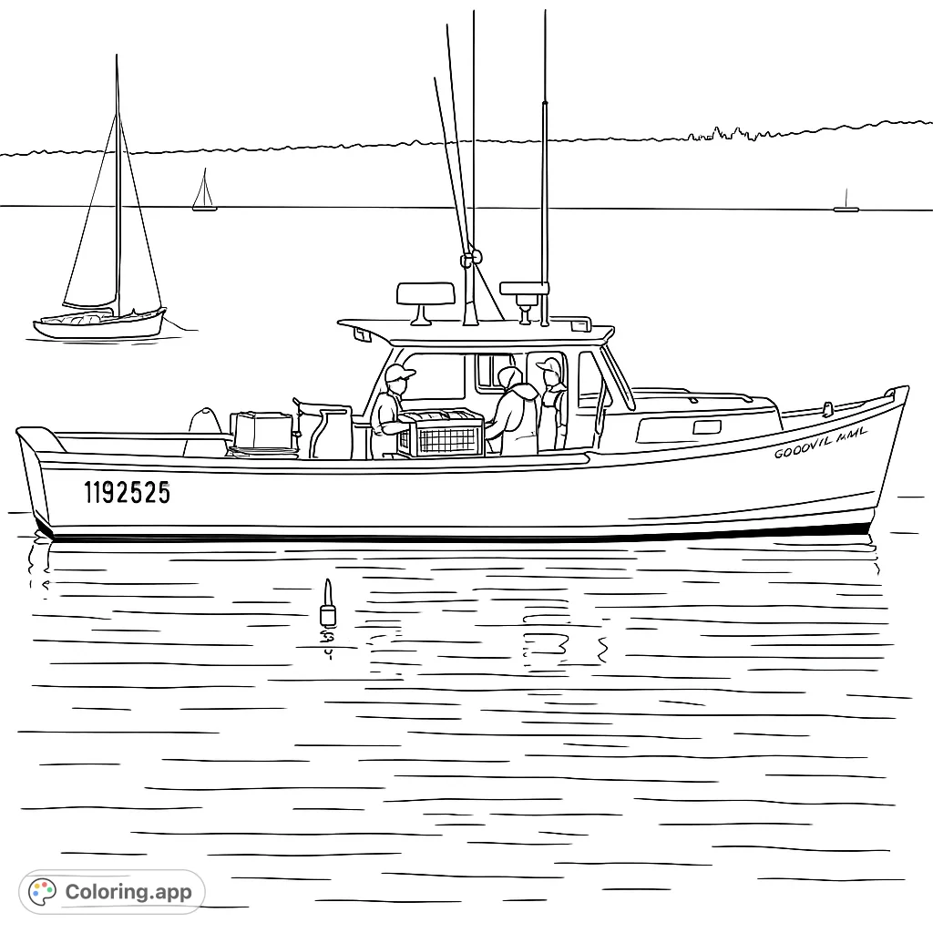 Explore a detailed fishing boat coloring page featuring a lobster boat with crew, calm waters, and distant sailboats. A free printable nautical adventure.