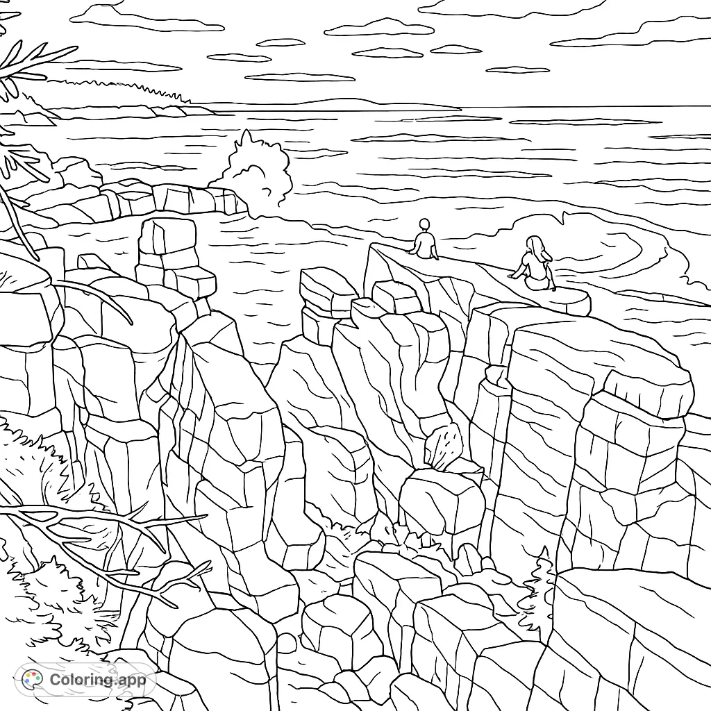 Explore a serene coastal landscape coloring page featuring rugged rocks, crashing waves, and two figures enjoying the vast ocean view. A free printable nature scene.