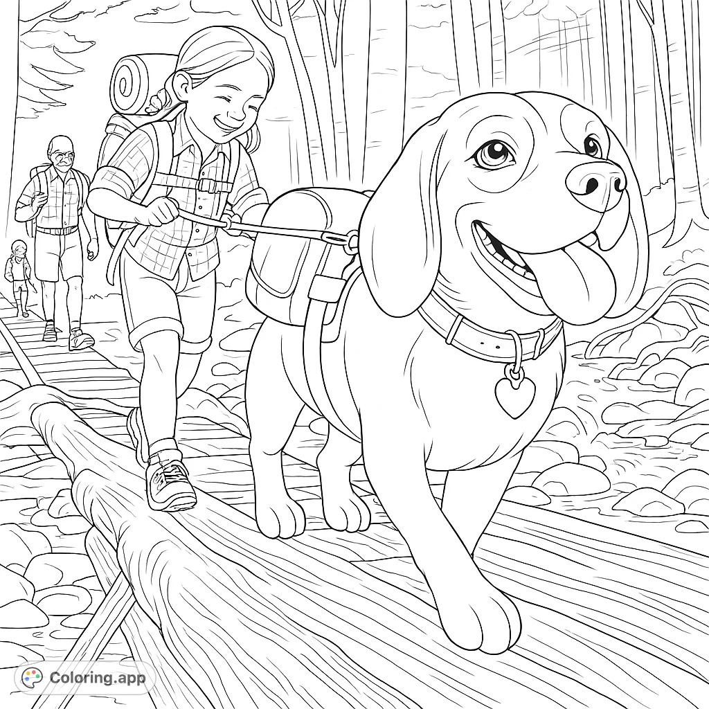 A joyful hiking adventure featuring a girl and her happy dog on a forest trail, perfect for a free printable outdoor coloring page for kids and adults.