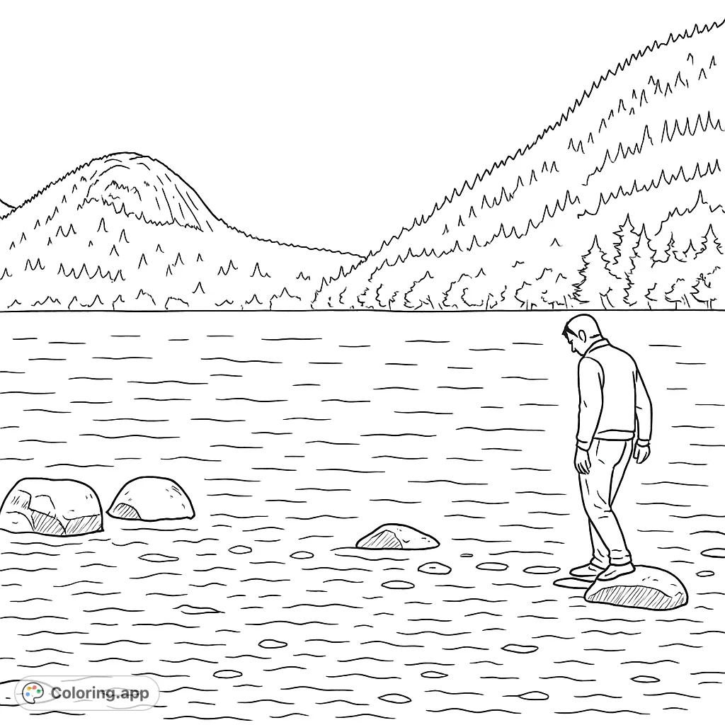 A serene nature scene featuring a man standing on a rock in a calm lake, surrounded by majestic mountains and a peaceful landscape. Perfect for relaxation.