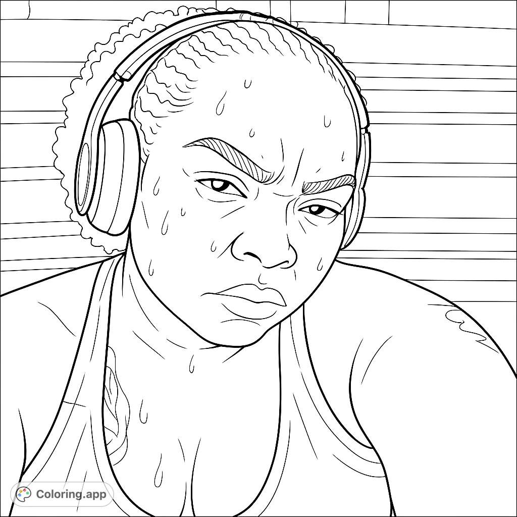 Capture the intensity of a workout with this determined portrait. Featuring headphones, sweat, and a focused expression against a striped background.