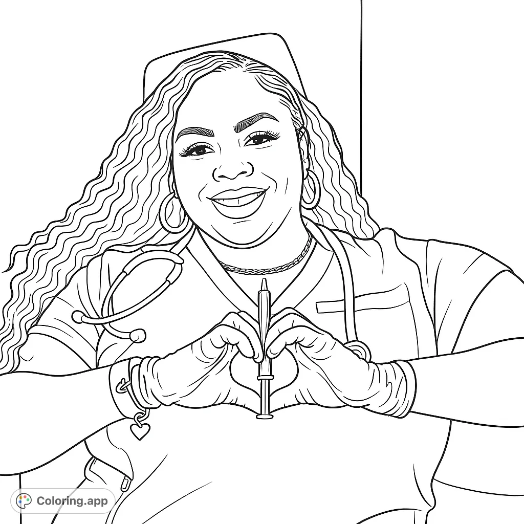 A heartwarming nurse coloring page featuring a smiling healthcare hero forming a heart with her hands, holding a syringe. Perfect for appreciation!