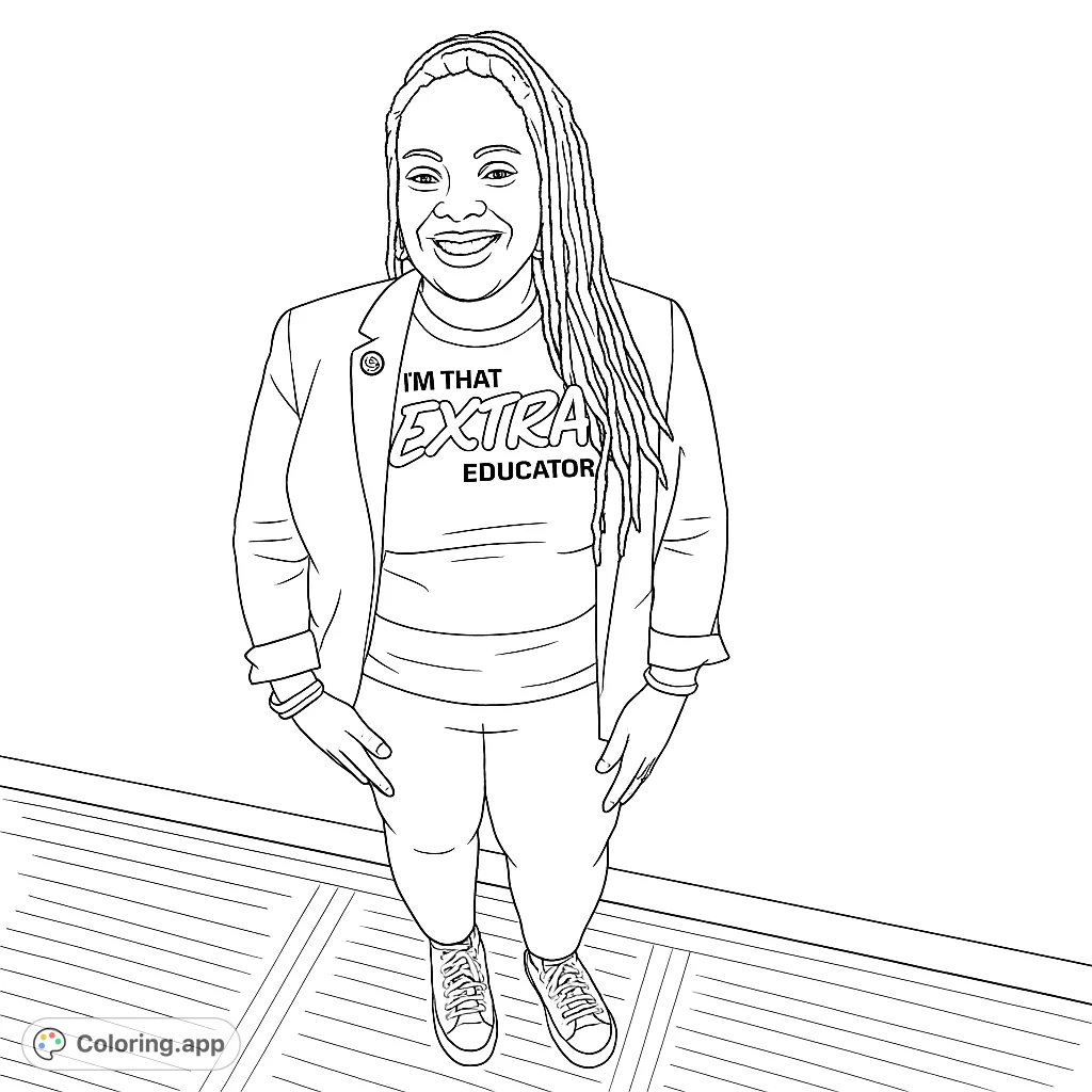 A confident person with dreadlocks, wearing a blazer and sneakers, smiles from a high-angle perspective. Perfect for a unique portrait coloring page.