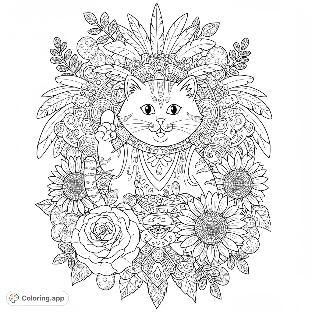 A charming cat in a bohemian vest, surrounded by intricate mandala patterns, feathers, sunflowers, and a rose, perfect for detailed coloring.