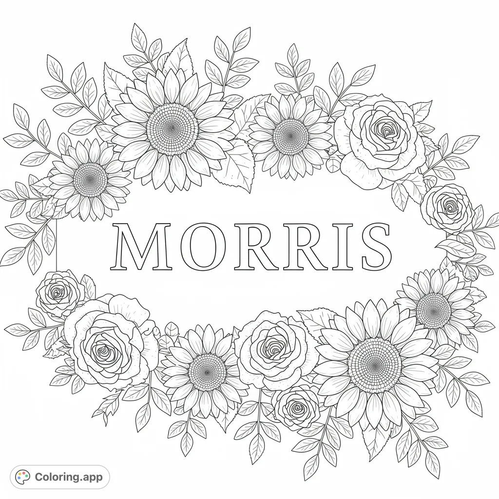 An elegant floral wreath coloring page featuring detailed sunflowers, delicate roses, and lush leaves, perfect for a beautiful free printable coloring page.