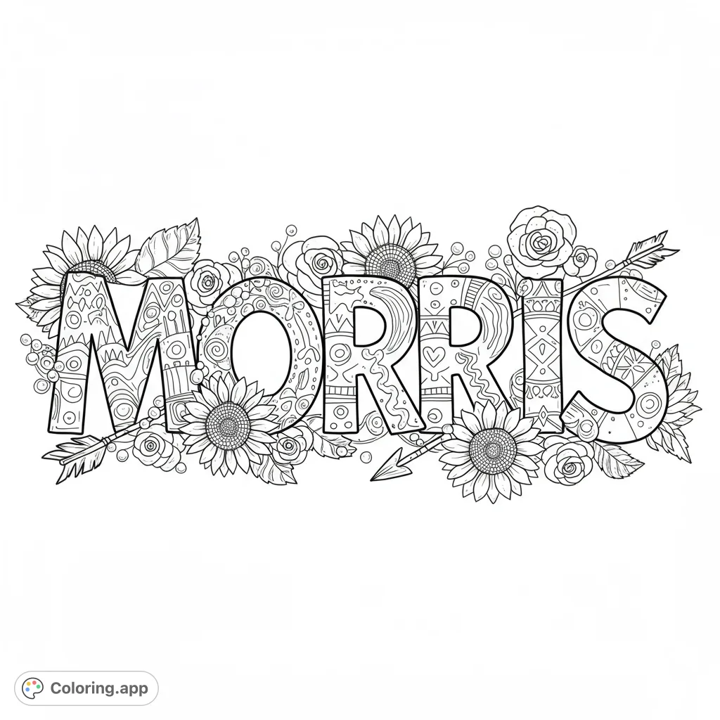Intricate floral lettering with sunflowers, roses, and arrows, perfect for personalized coloring fun. A free printable coloring page for all ages.