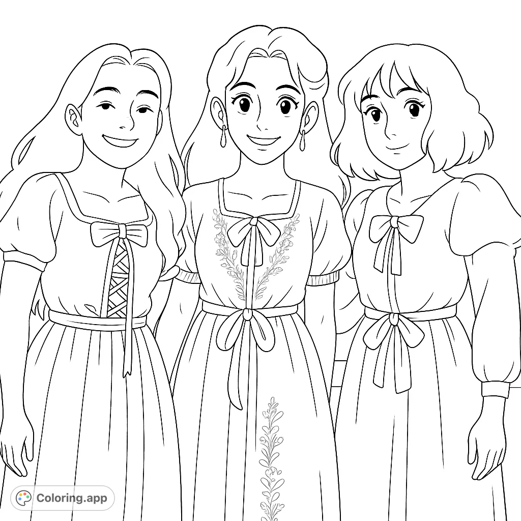 Three anime girls in dresses smile in this charming coloring page. A delightful scene to color with a vintage anime aesthetic.