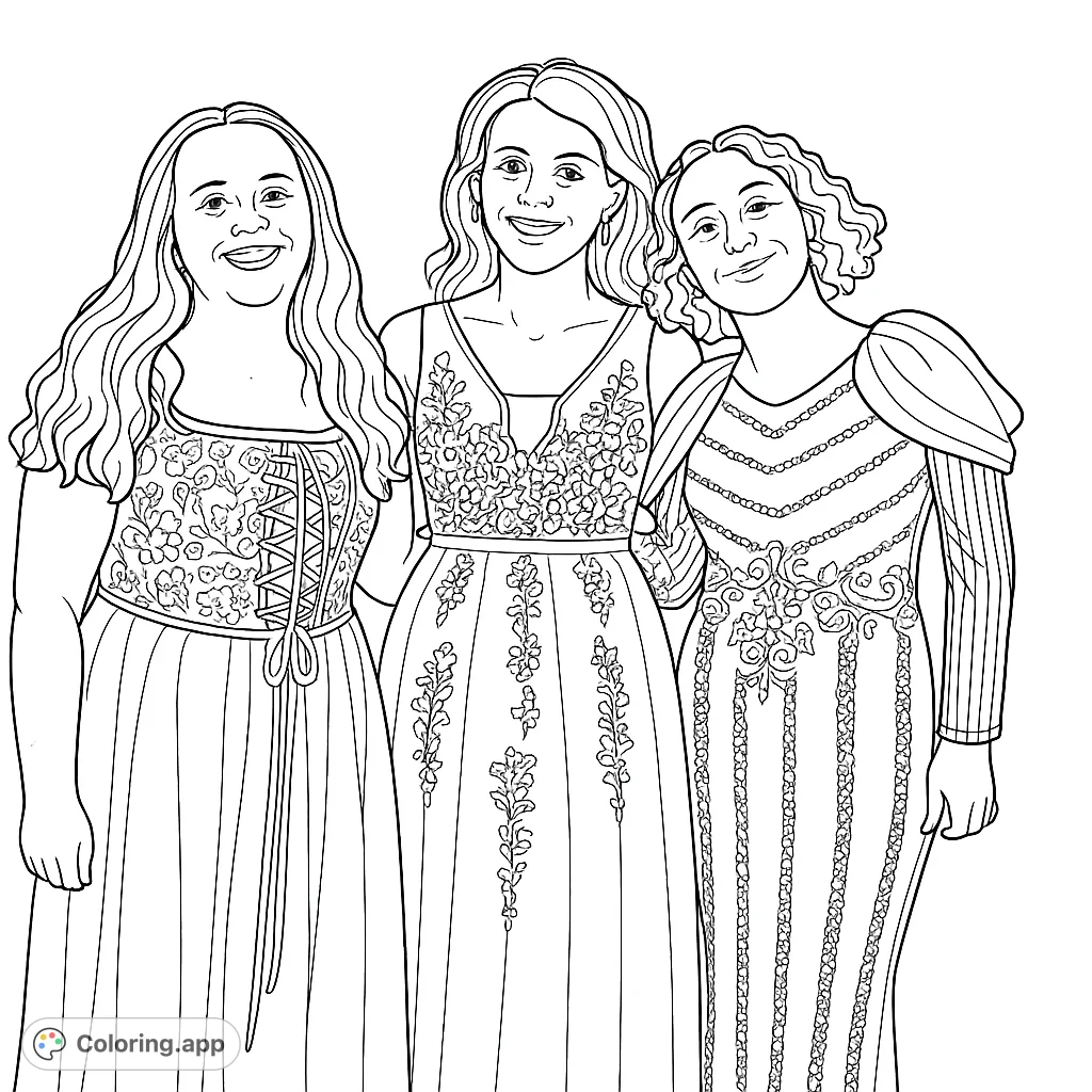 Three women in formal dresses. A fun coloring page for teens and adults who love fashion, parties, and special events.