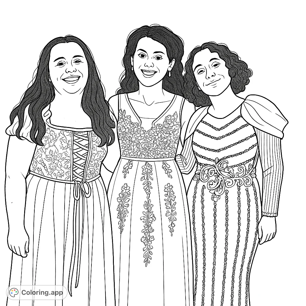 Three smiling women in beautifully detailed dresses, perfect for a friendship coloring page. Features intricate patterns and joyful expressions.