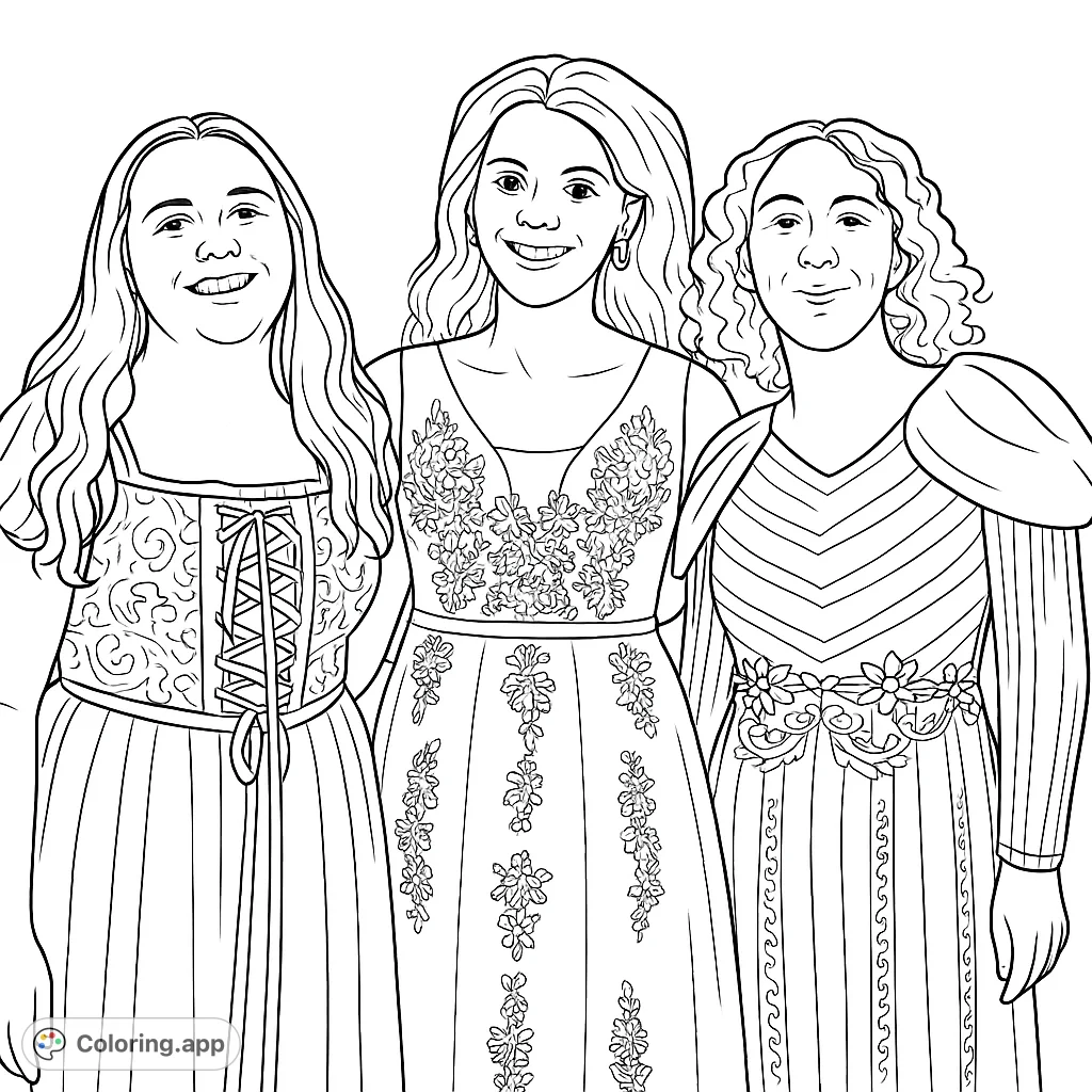 Three smiling women in beautifully detailed dresses, perfect for a fashion-themed coloring page. A free printable coloring page for all ages.