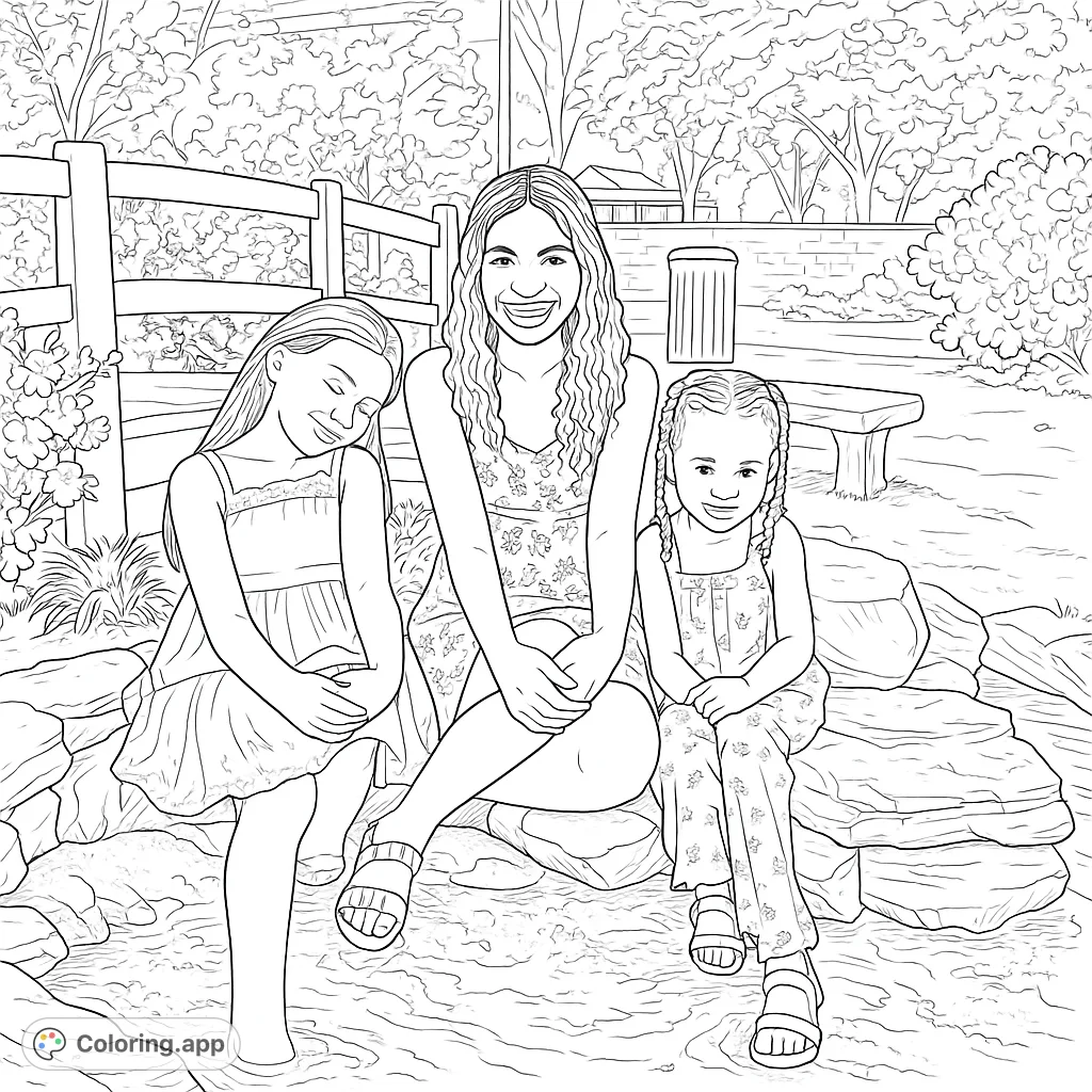 A heartwarming family coloring page featuring three joyful females sitting by a stream in a park, perfect for all ages. Free printable family coloring page.