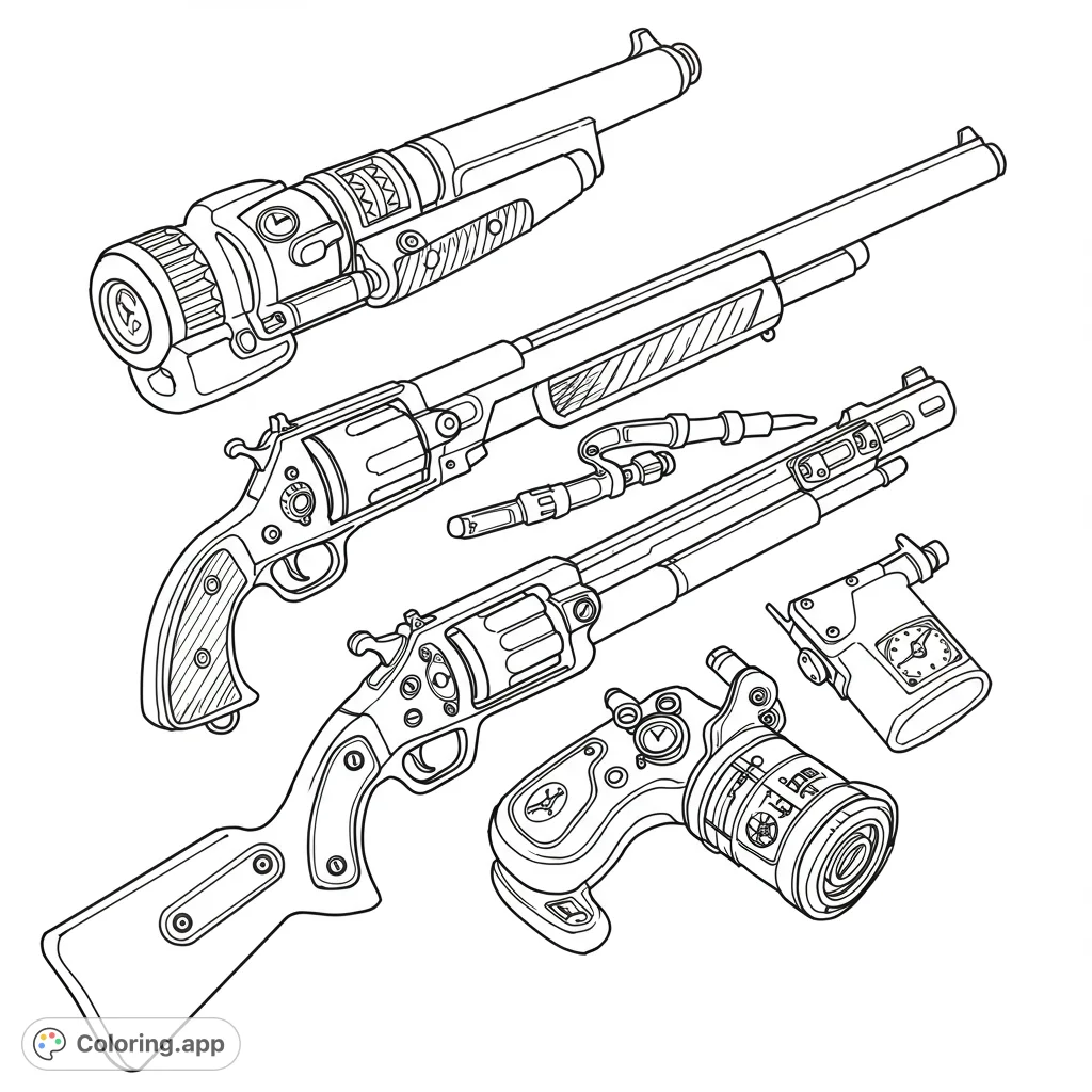 Explore a detailed steampunk weaponry coloring page featuring intricate rifles, energy devices, and futuristic gadgets. Perfect for fans of Victorian sci-fi.