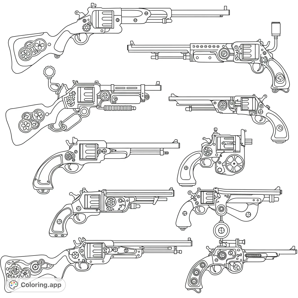 Explore a detailed collection of nine intricate steampunk weapons, featuring gears, pipes, and ornate designs. A free printable steampunk coloring page for all ages.