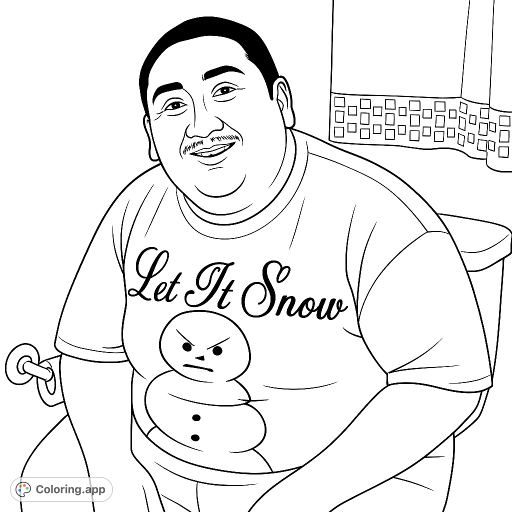 A humorous holiday-themed coloring page featuring a man on a toilet with a festive shirt. Great for a laugh and creative coloring fun!