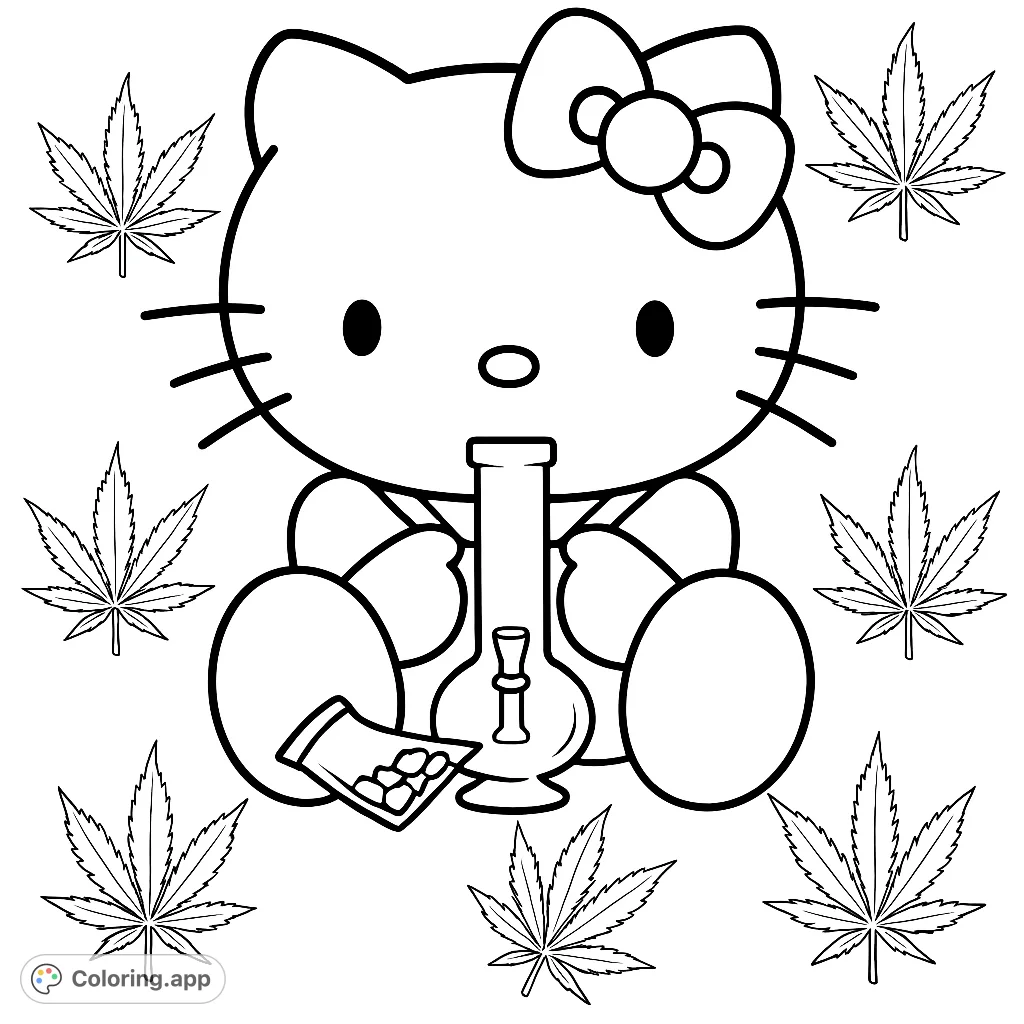 A stylized cartoon character holds a water pipe, with plant leaves scattered around. An edgy and unique adult coloring page.