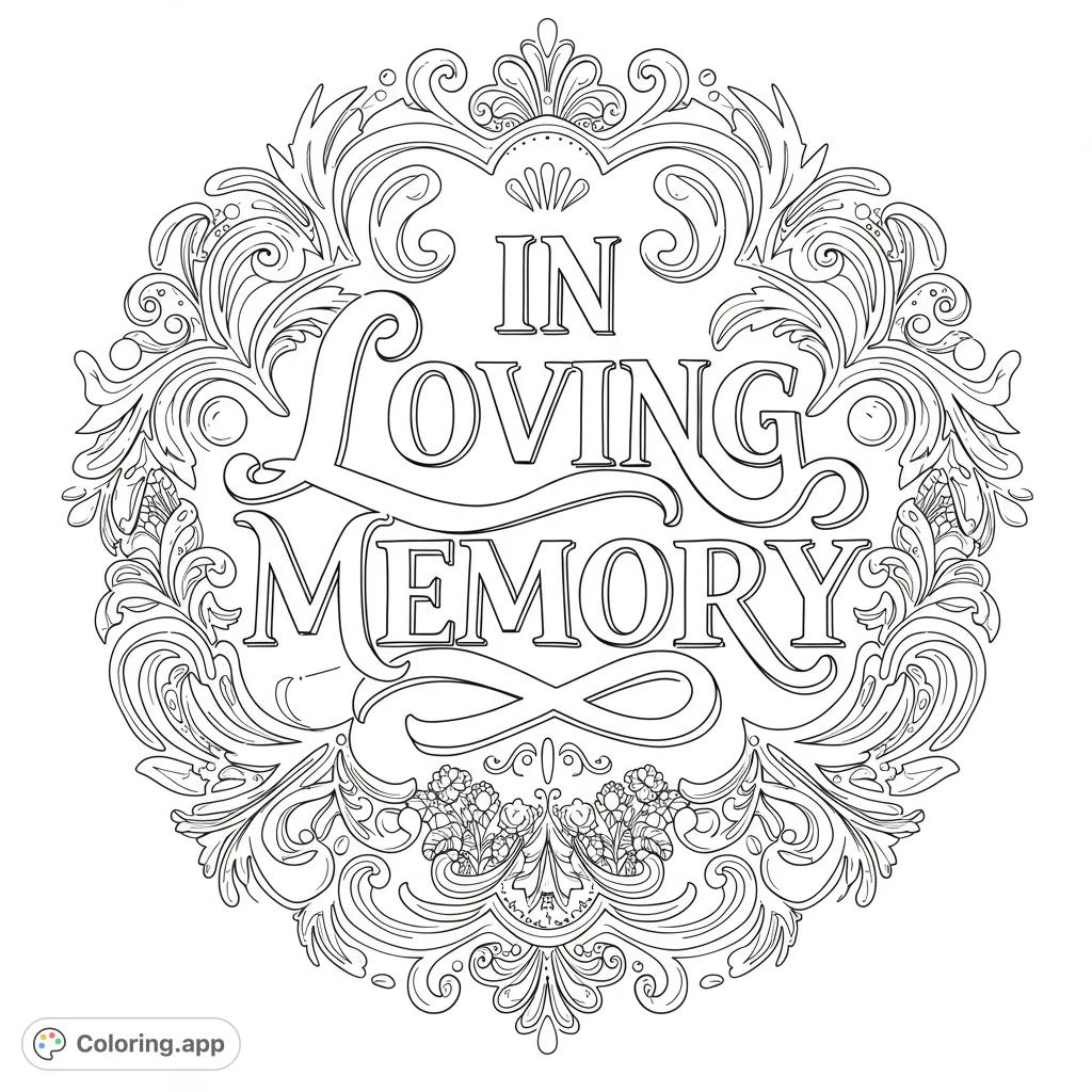 A beautiful memorial coloring page with elegant lettering. Features the phrase "IN LOVING MEMORY" in a graceful, flowing script, perfect for remembrance and reflection.