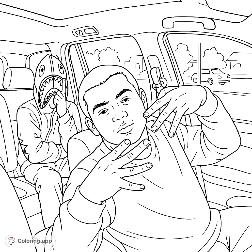 Dynamic street style coloring page featuring a young man posing in a car with a friend in a shark hoodie. Perfect for urban fashion fans.