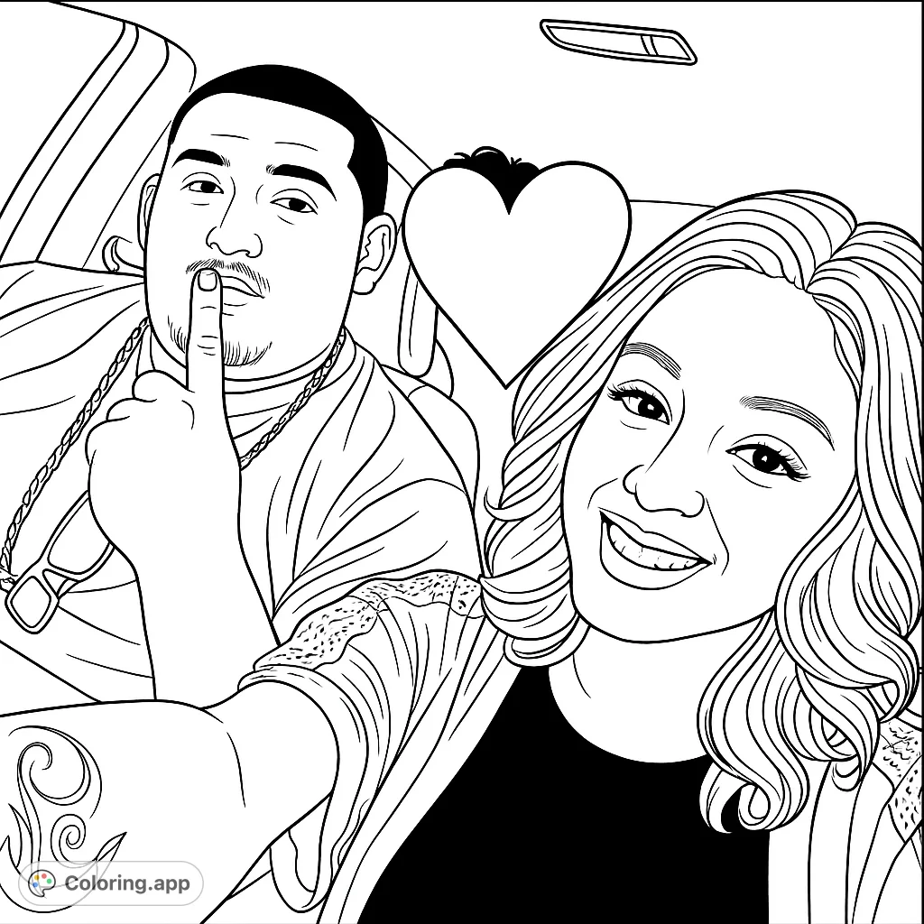 A joyful couple takes a selfie in a car, with a "shush" gesture and a big smile, featuring a heart outline. Perfect for a romantic coloring page.