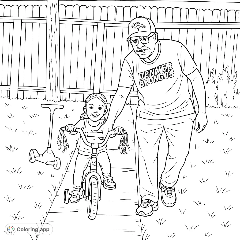 A heartwarming scene of a grandpa in a Denver Broncos shirt teaching his granddaughter to ride a bike, with a scooter nearby. Perfect for family-themed coloring fun.
