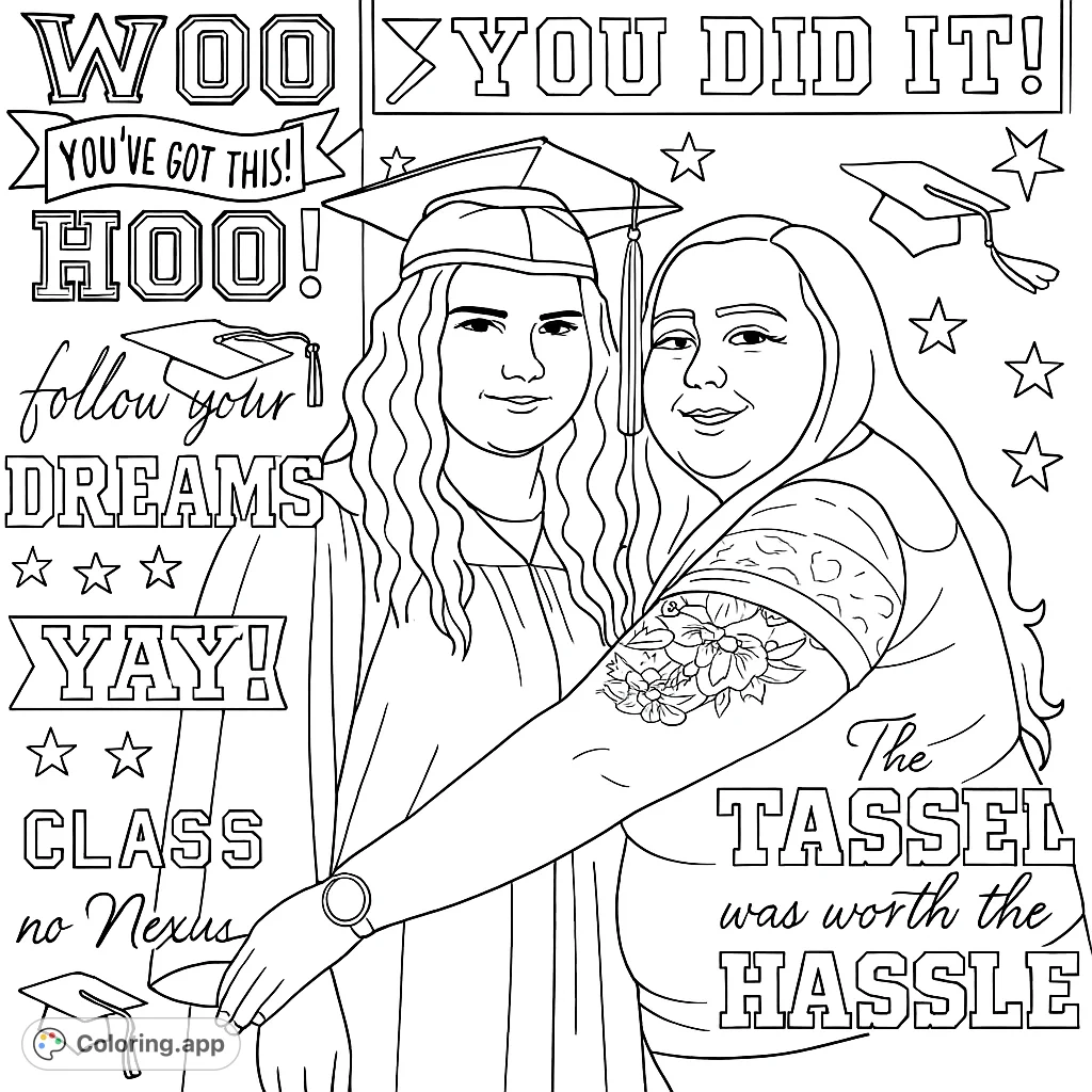 Celebrate achievement with this graduation coloring page featuring two women, caps, stars, and inspiring text. A free printable for all ages!