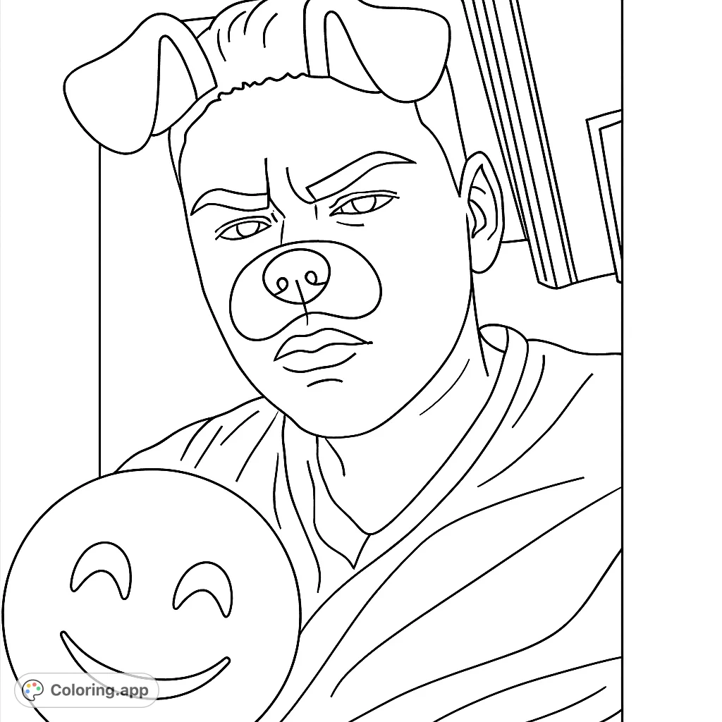 A fun, expressive coloring page featuring a person with a dog filter and a smiling emoji. Perfect for playful creativity and modern themes.
