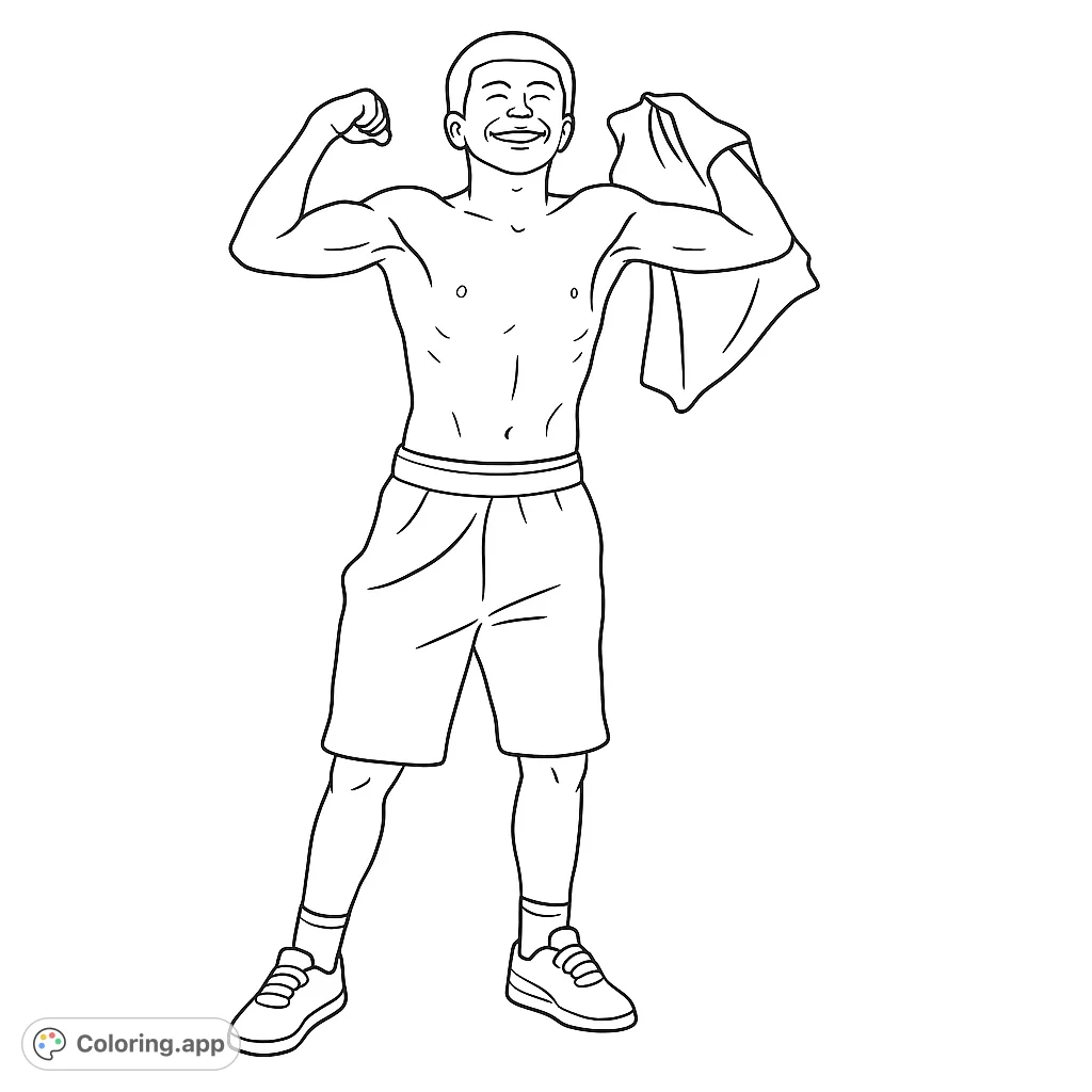 A happy athlete proudly flexing his muscles after a workout. This fitness coloring page features a strong man in shorts, perfect for inspiring health and strength.