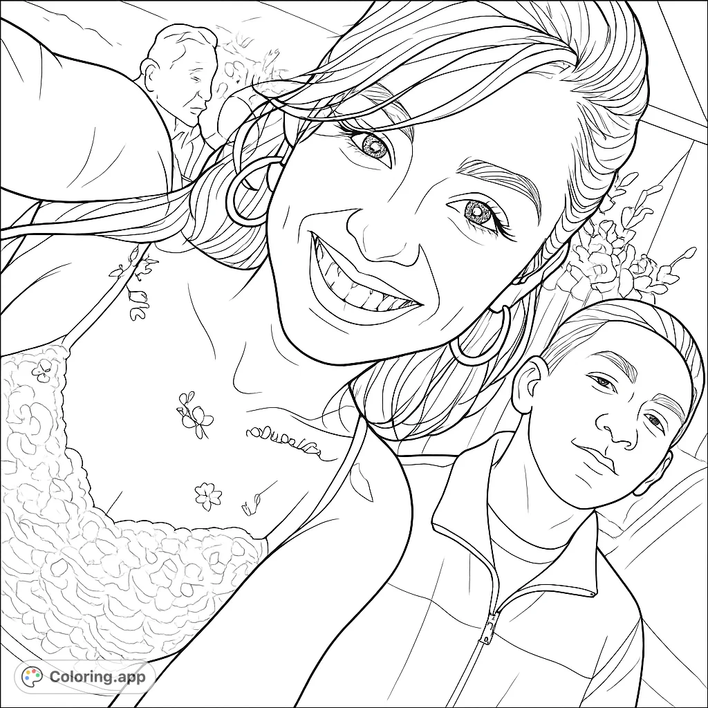 A joyful family selfie coloring page featuring a smiling woman, a young boy, and an older man in the background. Perfect for all ages!