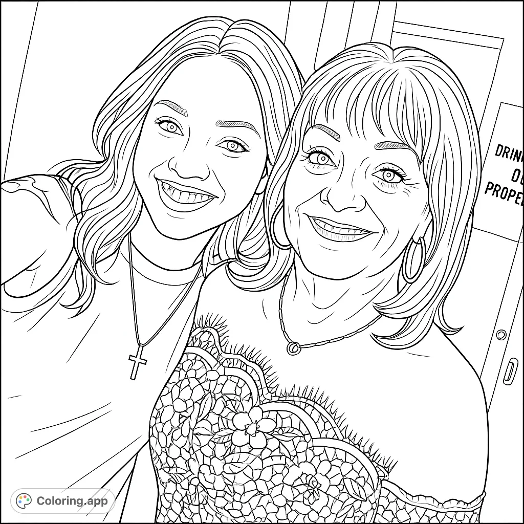 A heartwarming portrait of two smiling women, one younger and one older, celebrating family bonds. Perfect for a free printable coloring page.