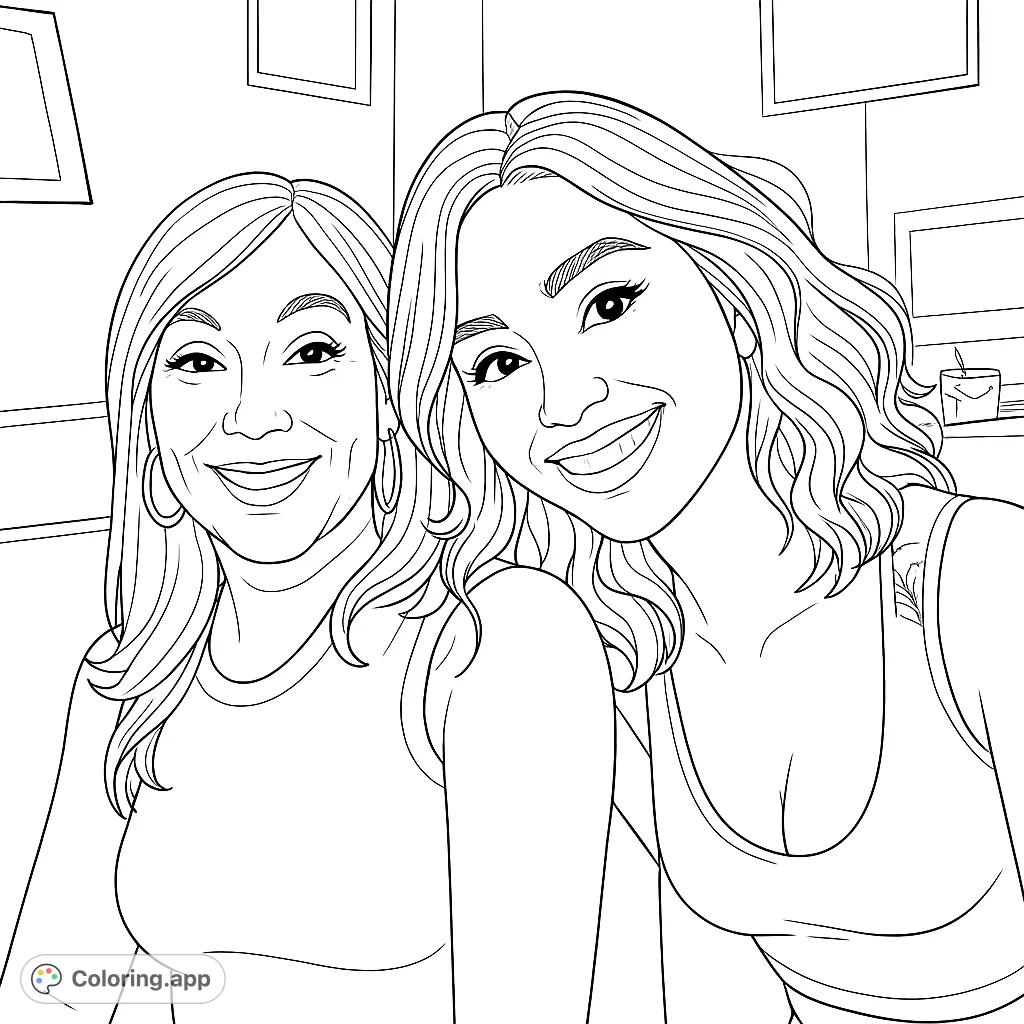 A heartwarming portrait of two smiling women, perfect for a free printable family portrait coloring page. Capture their joy with your favorite colors.