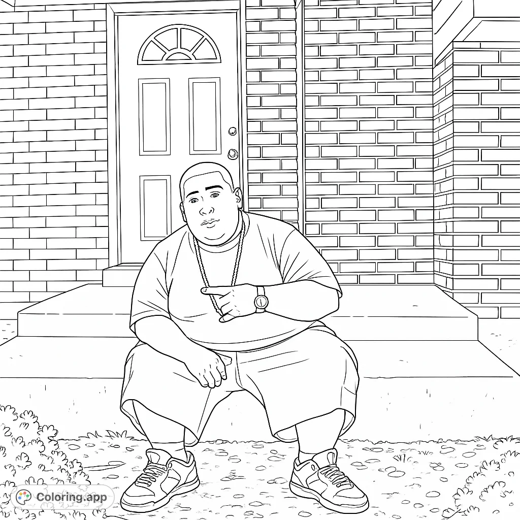 A cool urban lifestyle coloring page featuring a man sitting on front porch steps, perfect for expressing creativity with vibrant colors.