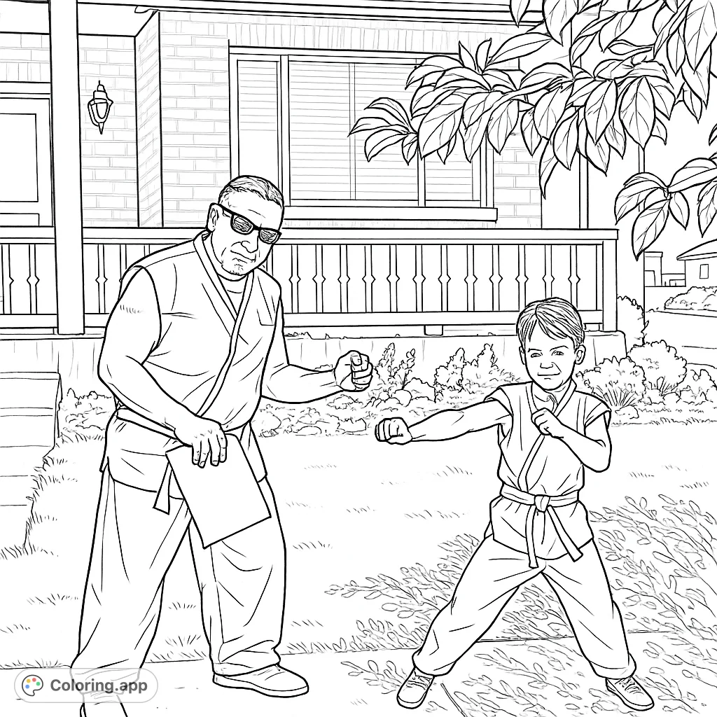 Dynamic martial arts coloring page featuring a man and boy in gi, practicing outdoors. A free printable for all ages.