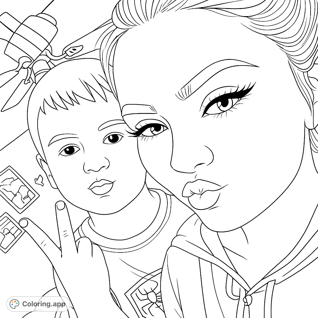 Capture a heartwarming selfie moment with a woman and child, featuring expressive faces and a peace sign. A free printable family bonding coloring page.