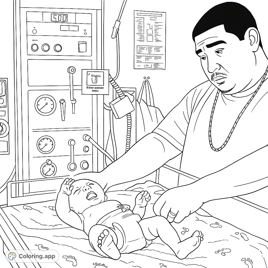A tender hospital scene featuring a new father gently attending to his crying newborn in a crib, surrounded by medical equipment. A heartwarming moment.