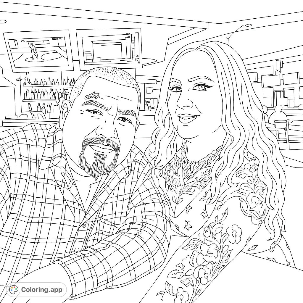 A happy couple smiles in a lively bar setting, featuring a man in plaid and a woman with a detailed floral tattoo. Perfect for a fun coloring session.