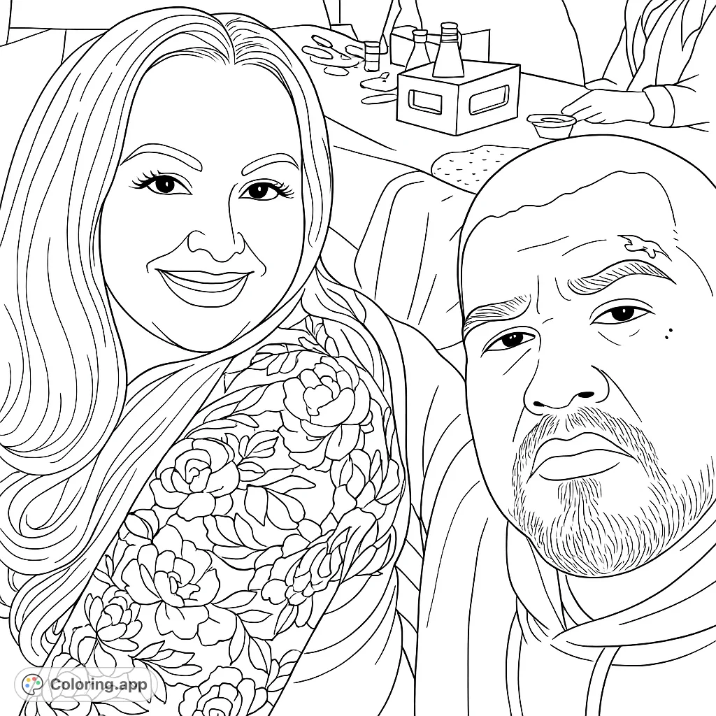 A heartwarming portrait of a smiling woman with floral attire and a man, perfect for personalizing. A free printable coloring page for all ages.